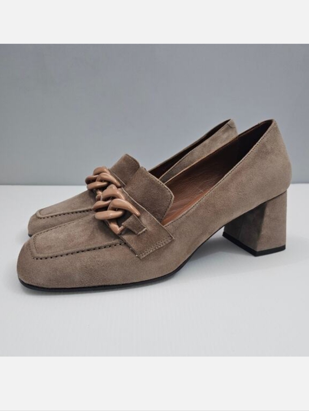 Aquatalia Taupe Suede Chain-Loafer Pumps